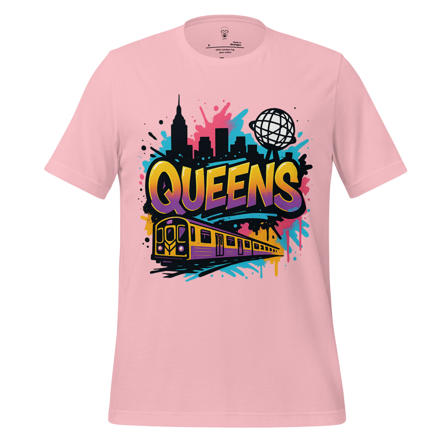 Pink Queens Graphic T-Shirt with colorful city skyline, subway train, and bold text design