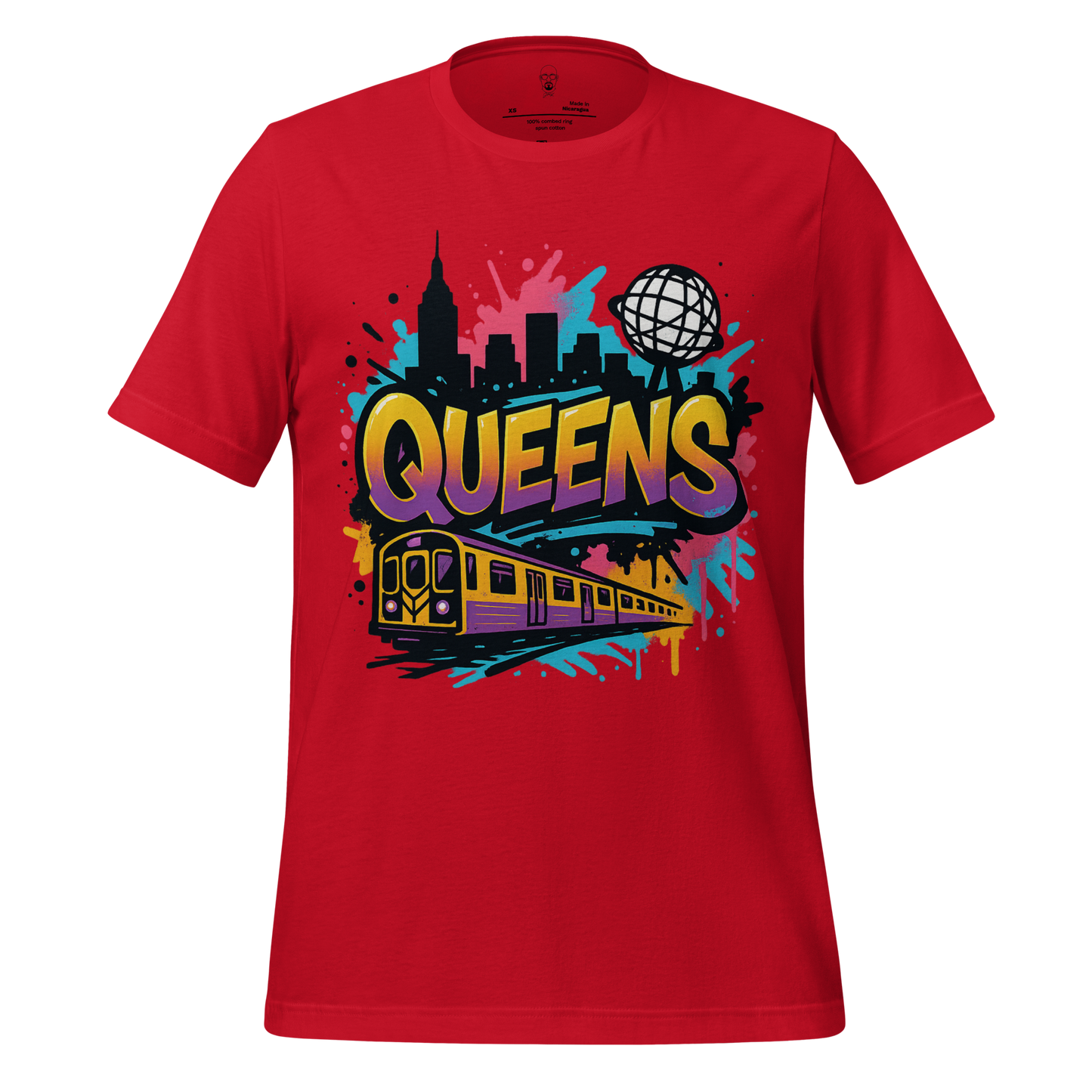 Red Queens Graphic T-Shirt by JMK Drip featuring colorful NYC skyline and subway train design