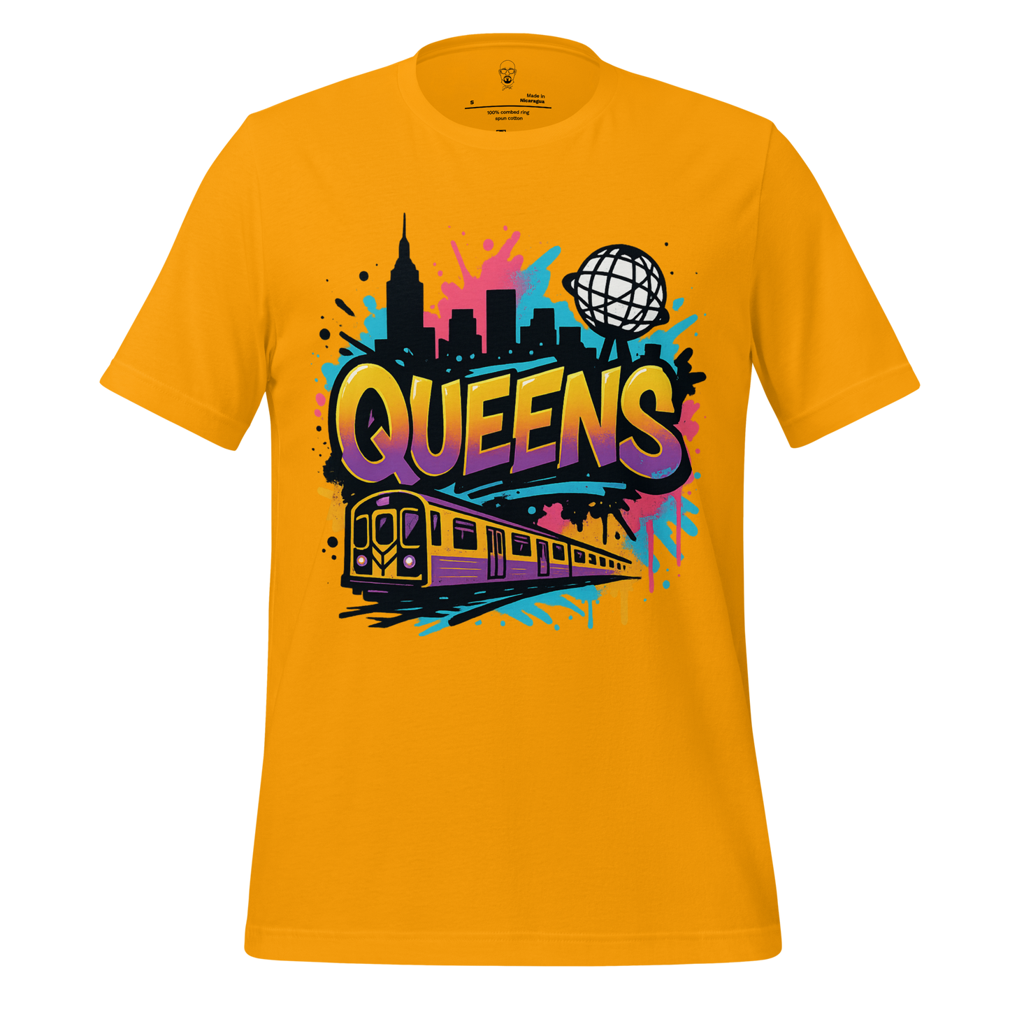 JMK Drip yellow Queens Graphic T-Shirt with colorful city skyline and subway train design
