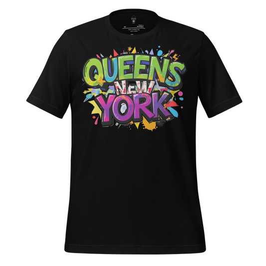 Black Queens New York t-shirt with colorful graffiti style text graphic by JMK Drip