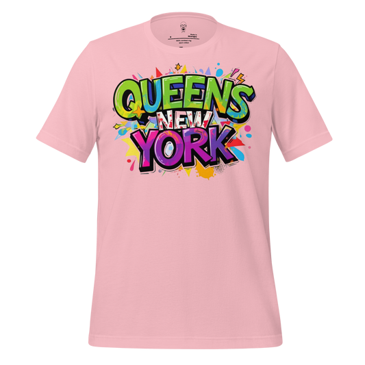 Pink Queens New York t-shirt with colorful graffiti-style text design by JMK Drip