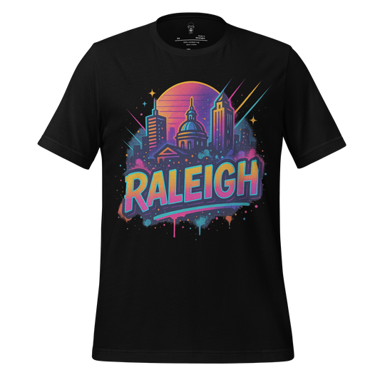 Black Raleigh Graphic T-Shirt with colorful Raleigh city skyline and sunset design by JMK Drip