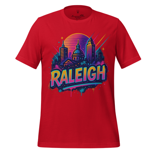 Red Raleigh Graphic T-Shirt by JMK Drip featuring colorful city skyline design