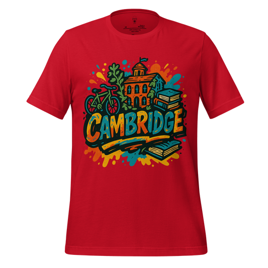 JMK Drip red Cambridge graphic t-shirt with colorful university design and bike illustration
