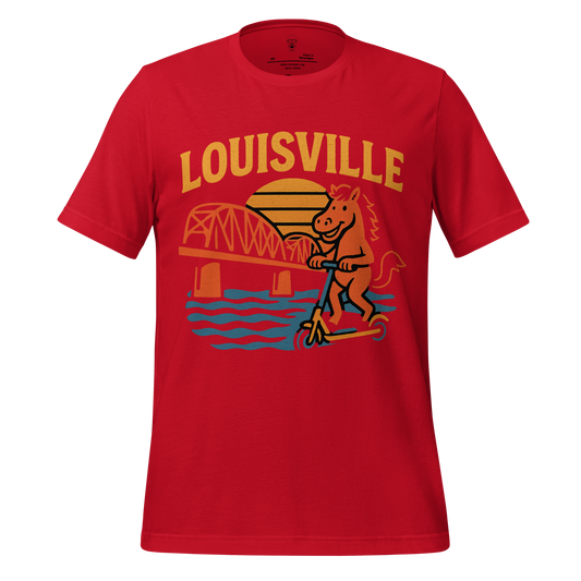 Red Louisville graphic t-shirt with cartoon horse riding scooter and city bridge design