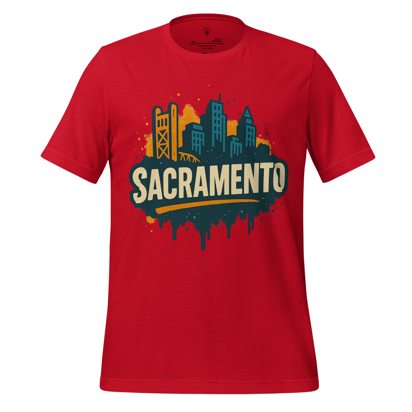 Red Sacramento Graphic T-Shirt featuring city skyline and bold city name design