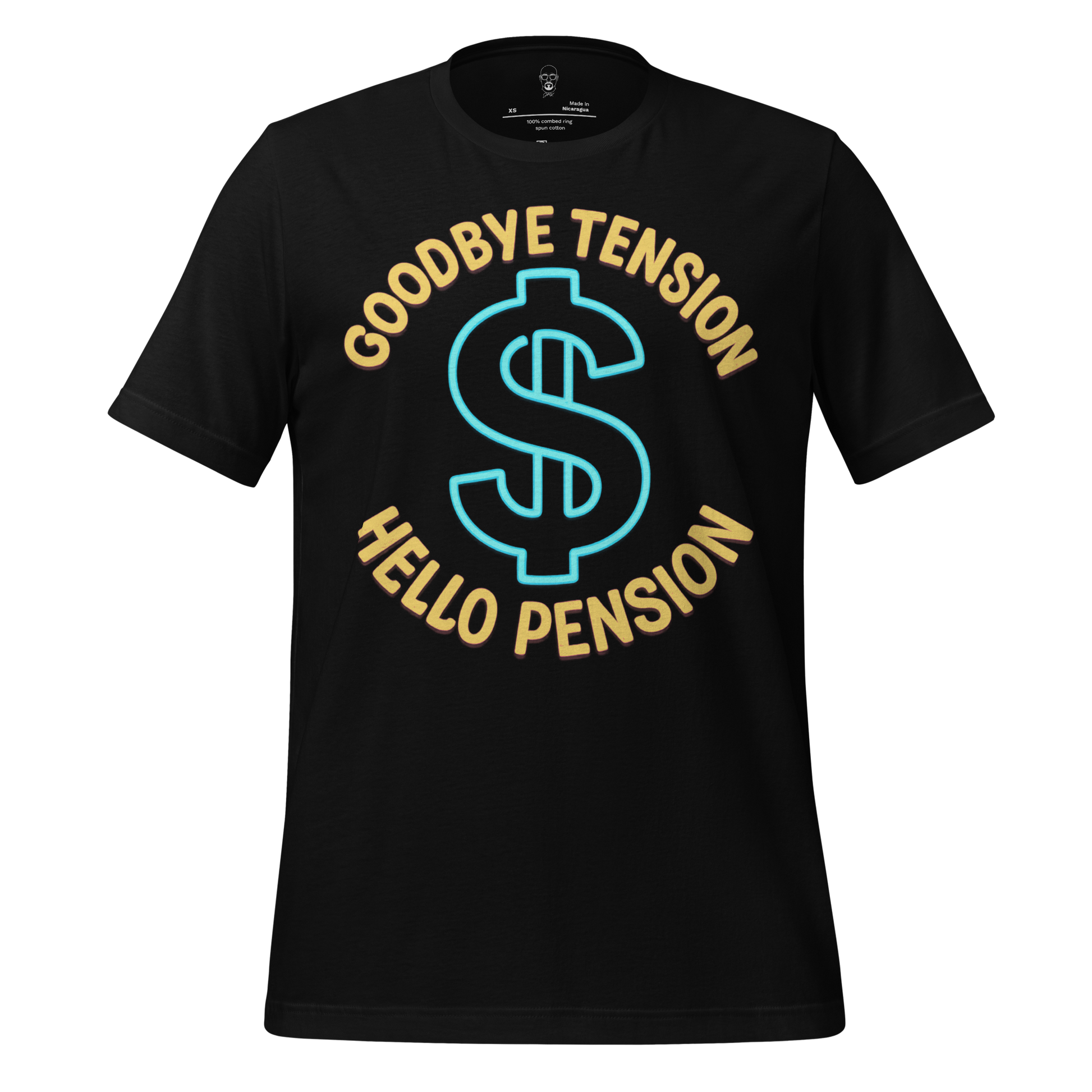 Black retirement t shirt by JMK Drip with blue dollar sign and text Goodbye Tension Hello Pension