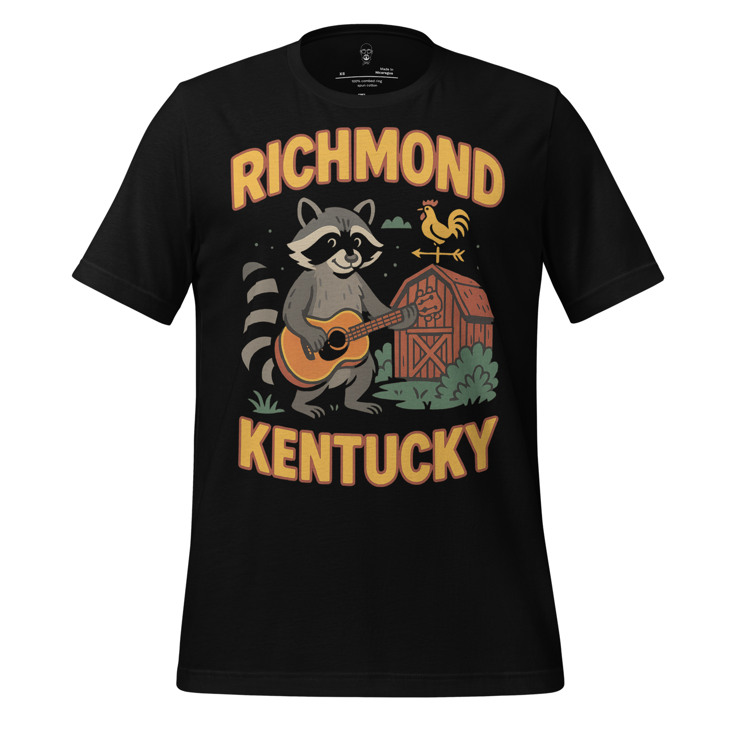 JMK Drip Richmond Kentucky t-shirt featuring raccoon playing guitar with barn and rooster design