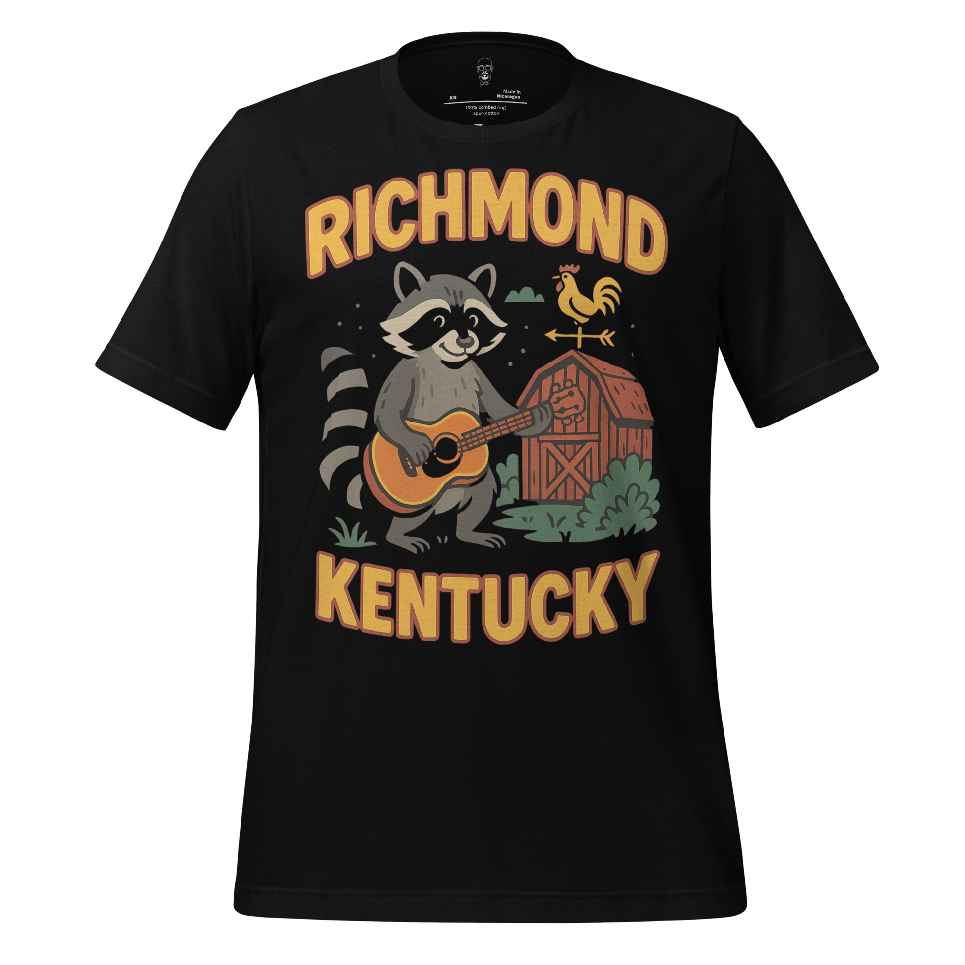 JMK Drip Richmond Kentucky t-shirt featuring raccoon playing guitar with barn and rooster design