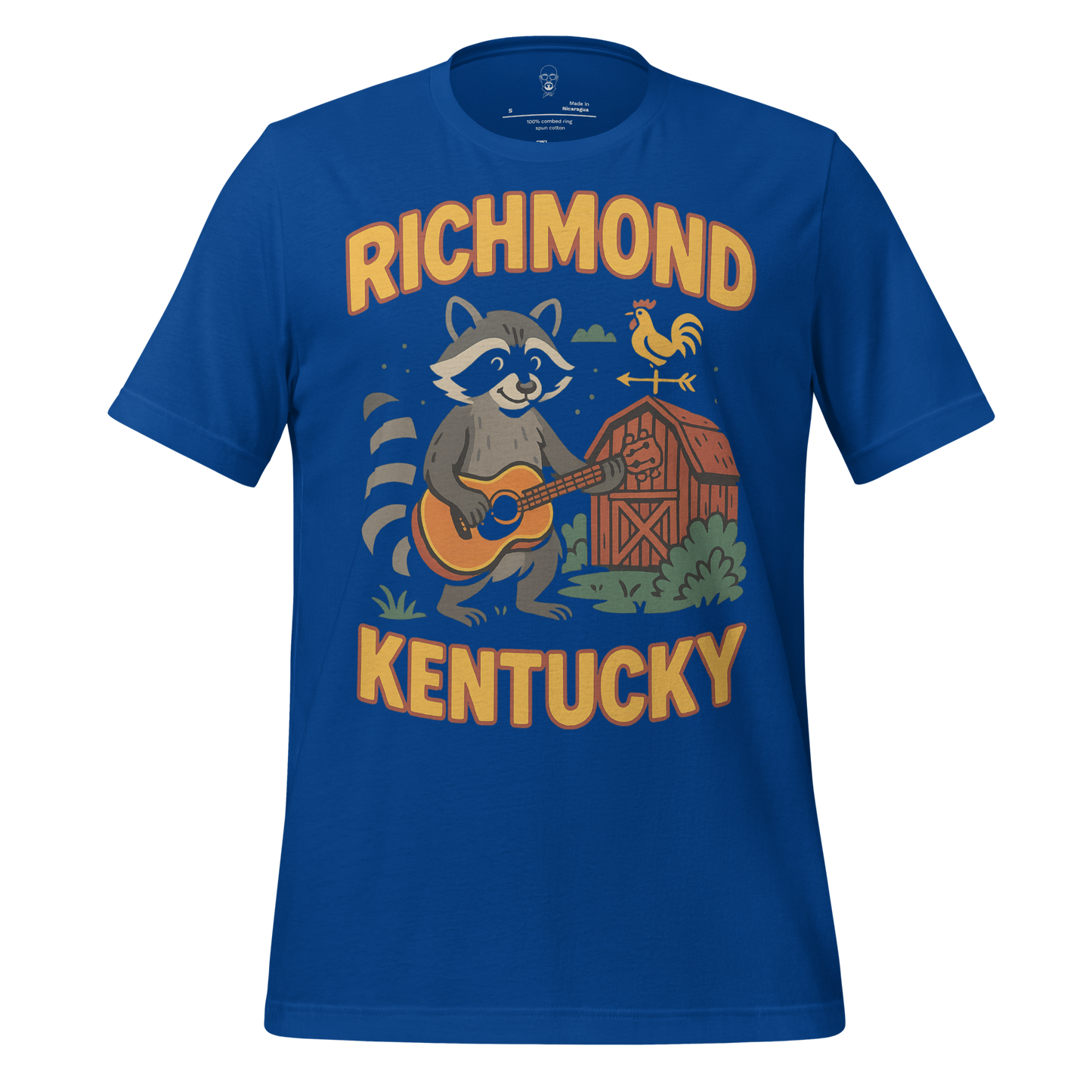 JMK Drip blue Richmond Kentucky t-shirt featuring a raccoon playing guitar by a barn with a weather vane