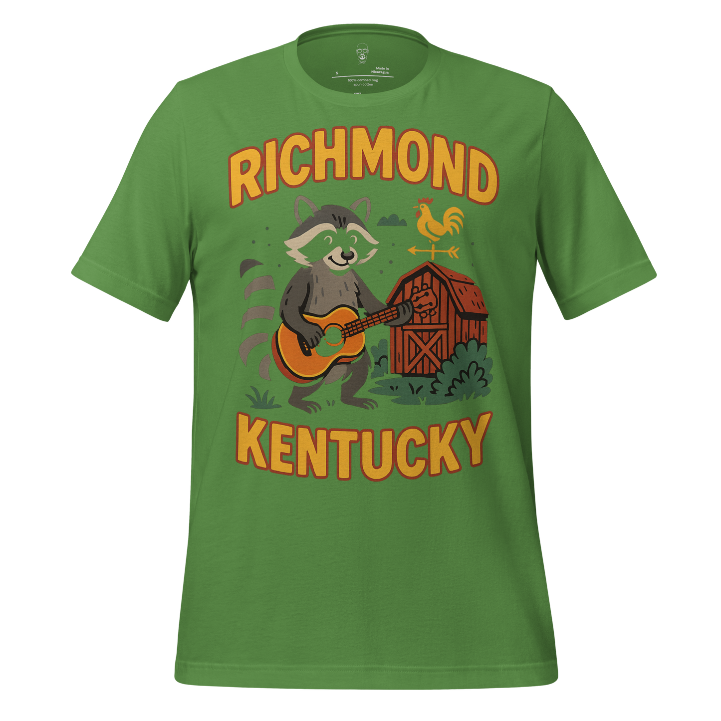 Green Richmond Kentucky t-shirt by JMK Drip featuring a raccoon playing guitar with barn and weather vane design