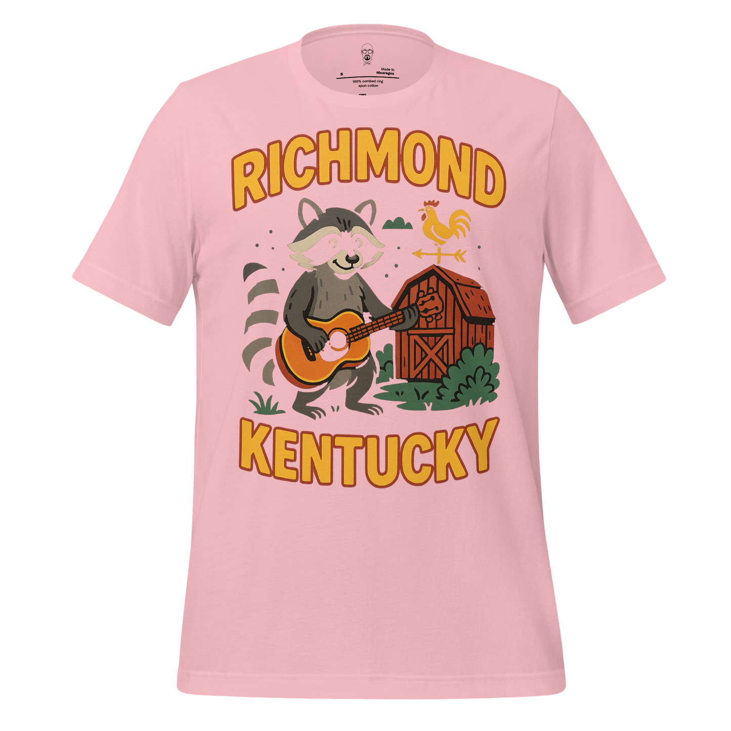 Pink Richmond Kentucky t-shirt with raccoon playing guitar and barn graphic design