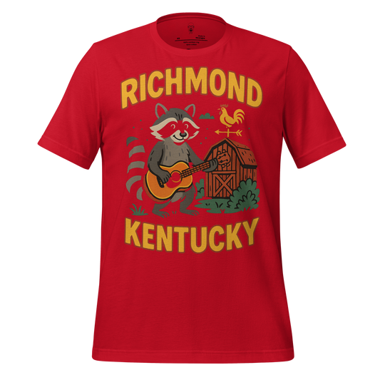 Red Richmond Kentucky t-shirt featuring a raccoon playing guitar and a barn with a weather vane