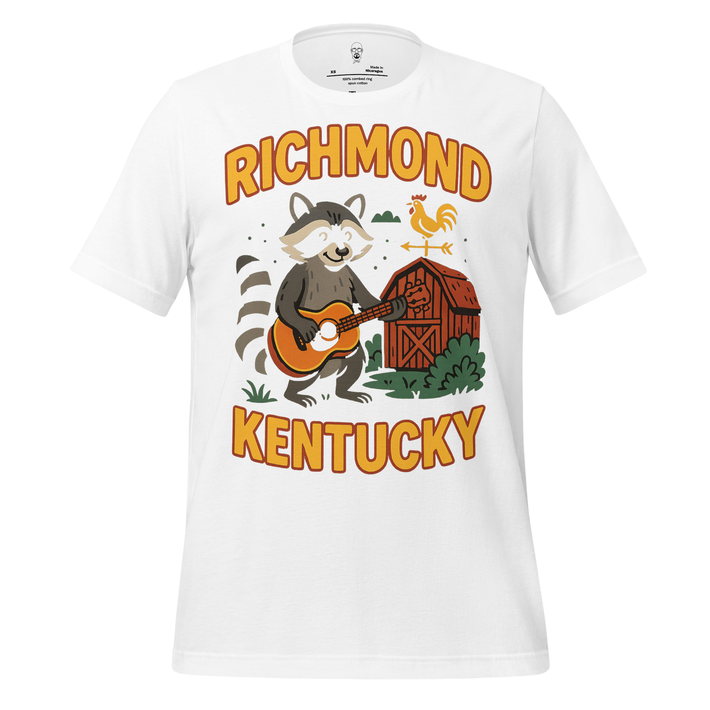 White Richmond Kentucky t-shirt featuring a raccoon playing guitar with barn and weather vane design