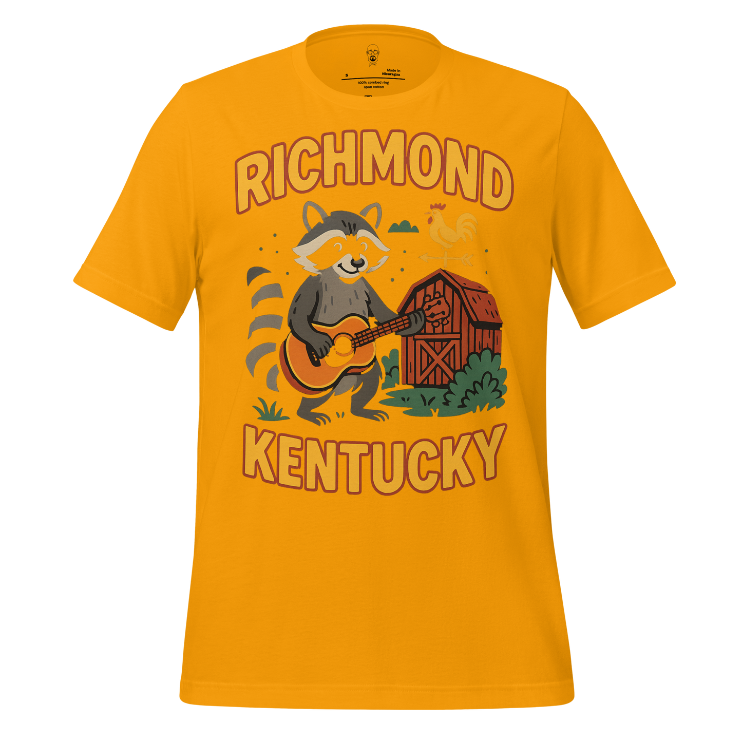 Yellow Richmond Kentucky t-shirt with raccoon playing guitar and barn graphic by JMK Drip