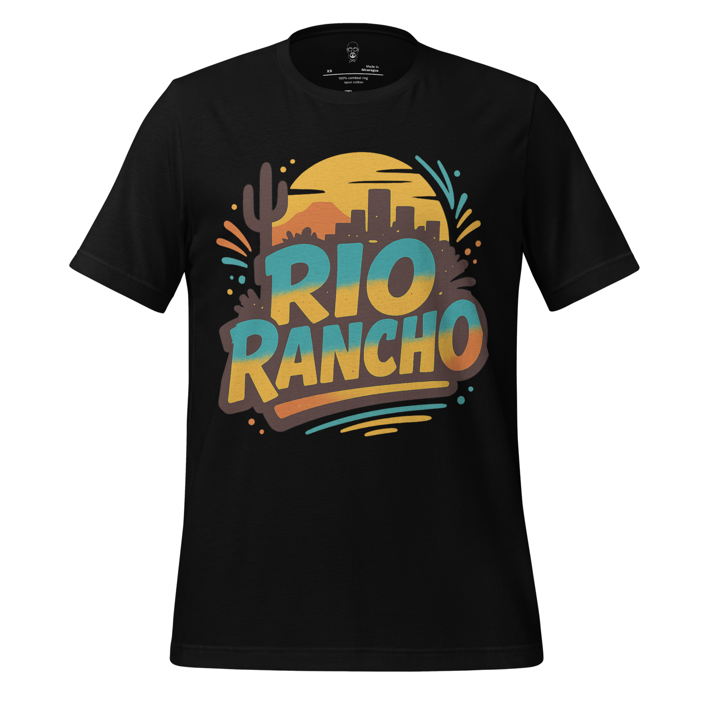 JMK Drip Rio Rancho Graphic T-Shirt with colorful desert sunset and city skyline design
