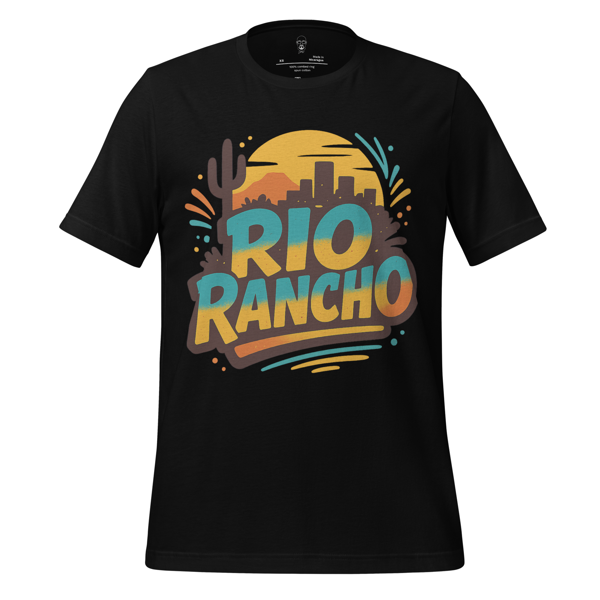 JMK Drip Rio Rancho Graphic T-Shirt with colorful desert sunset and city skyline design