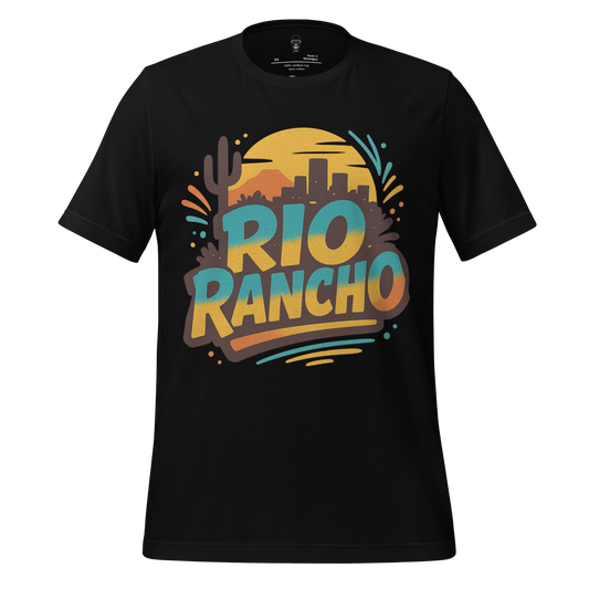 JMK Drip Rio Rancho Graphic T-Shirt with colorful desert sunset and city skyline design
