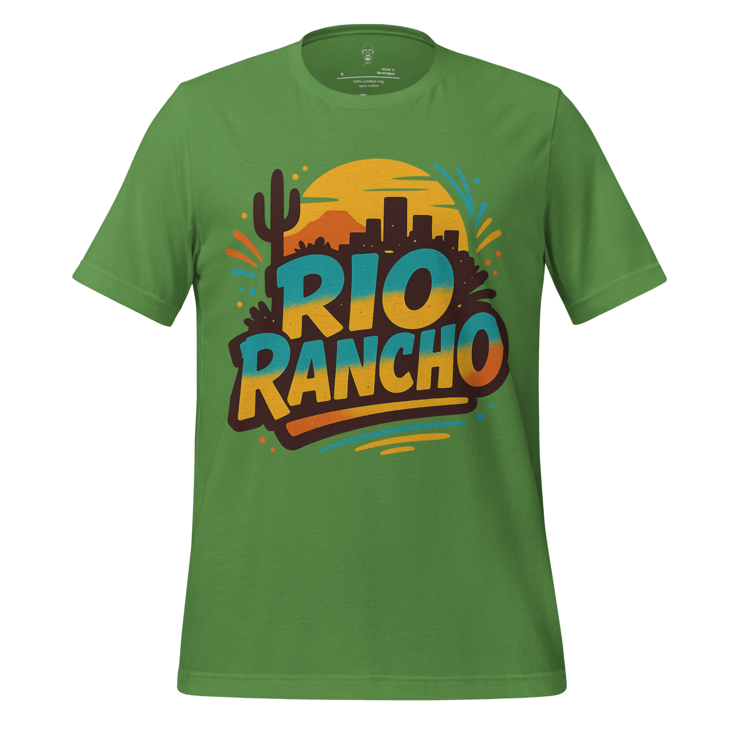Green JMK Drip Rio Rancho Graphic T-Shirt with colorful desert and city skyline design