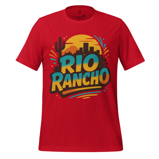 Red Rio Rancho Graphic T-Shirt with colorful desert and city skyline design by JMK Drip