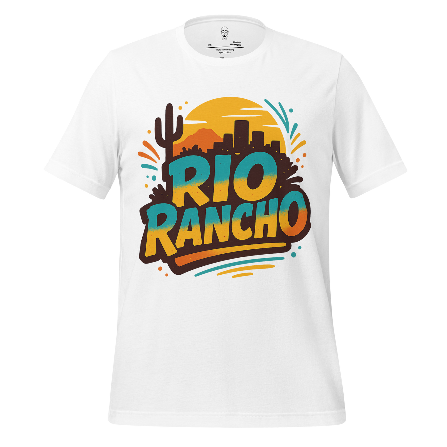 White Rio Rancho Graphic T-Shirt by JMK Drip with colorful desert and cityscape design