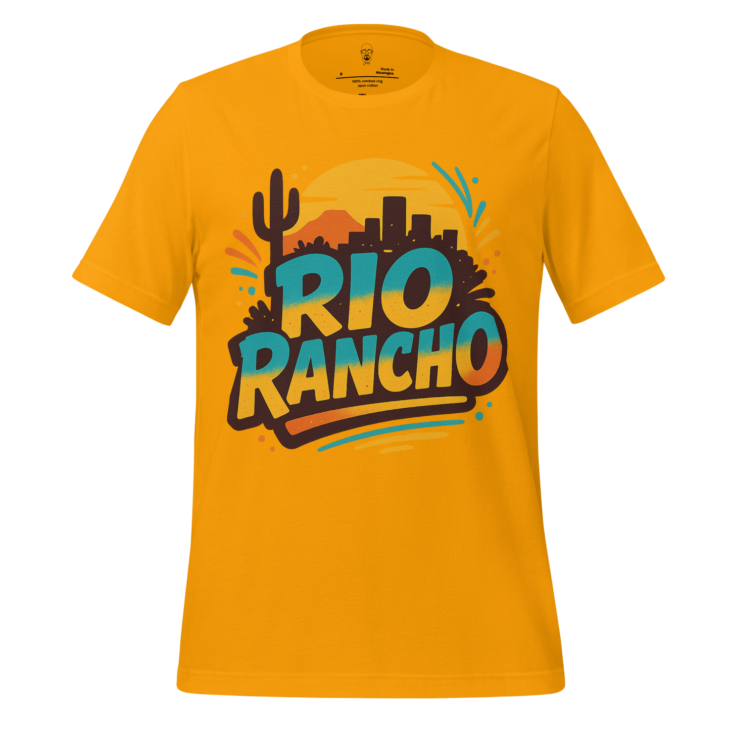 Yellow Rio Rancho Graphic T-Shirt with desert cactus and city skyline design by JMK Drip