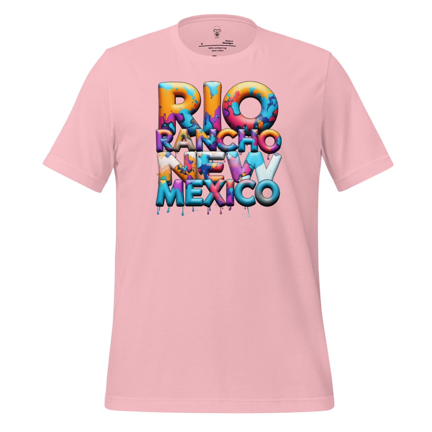Pink Rio Rancho t-shirt by JMK Drip with colorful 3D text design of Rio Rancho New Mexico