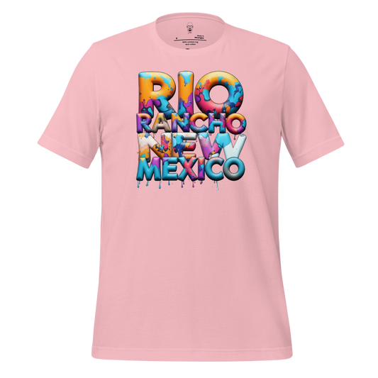 Pink Rio Rancho t-shirt by JMK Drip with colorful 3D text design of Rio Rancho New Mexico