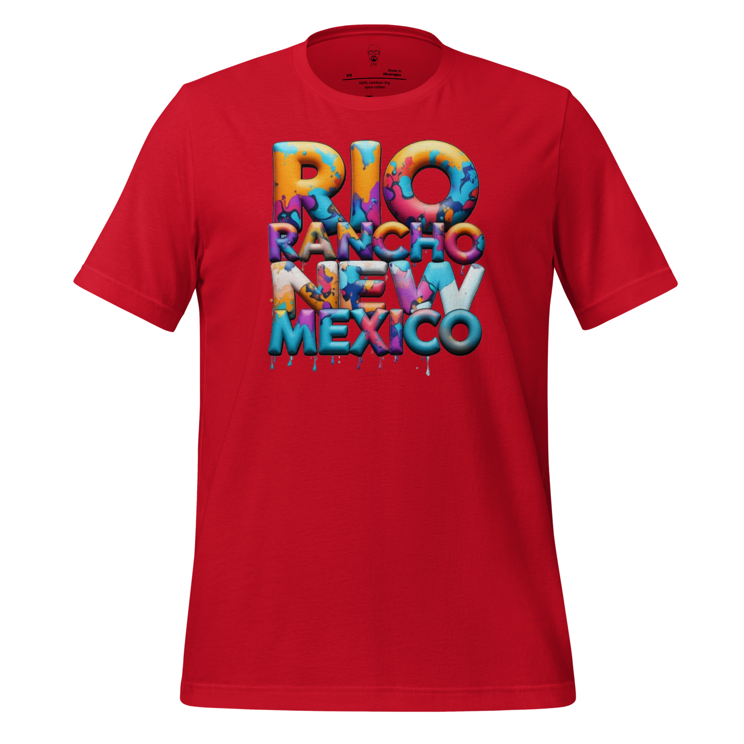 Red Rio Rancho t-shirt by JMK Drip with colorful dripping paint text design