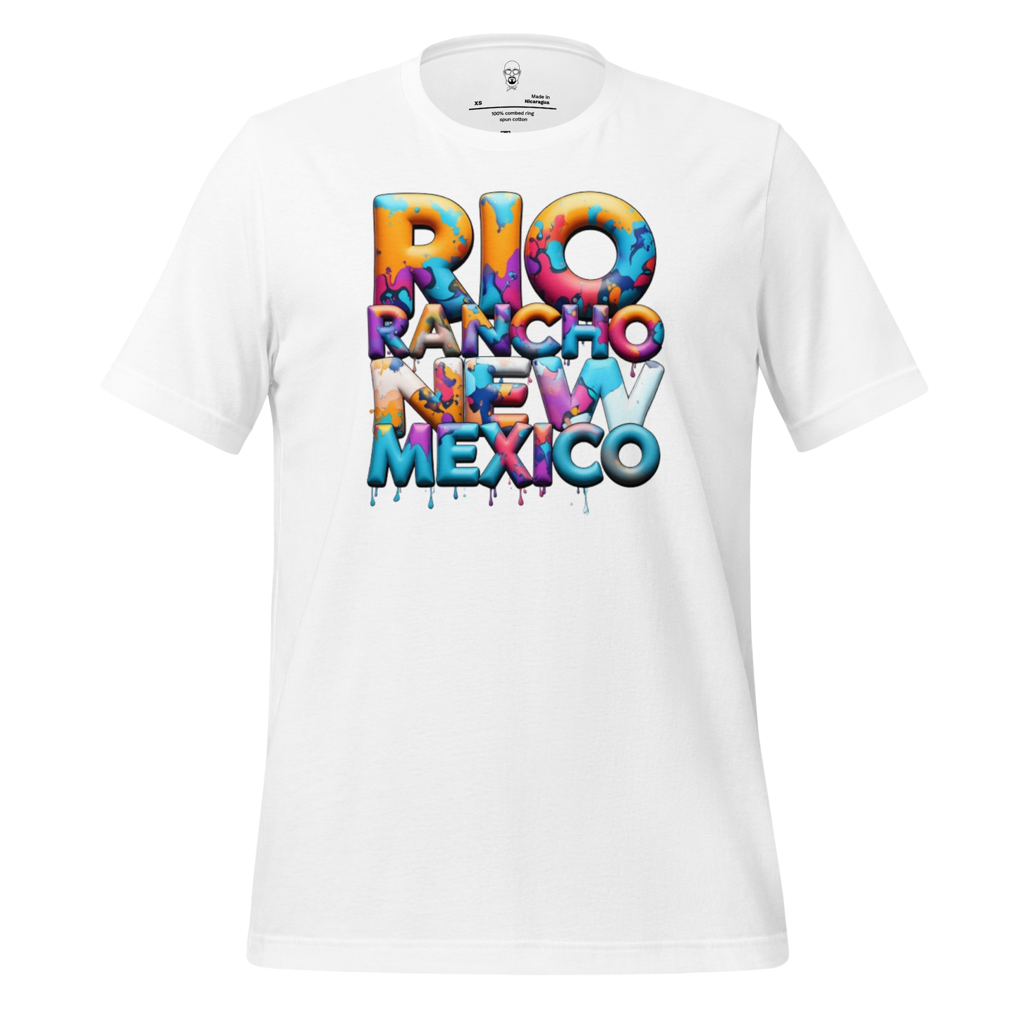 White Rio Rancho t-shirt with colorful dripping paint design spelling Rio Rancho New Mexico