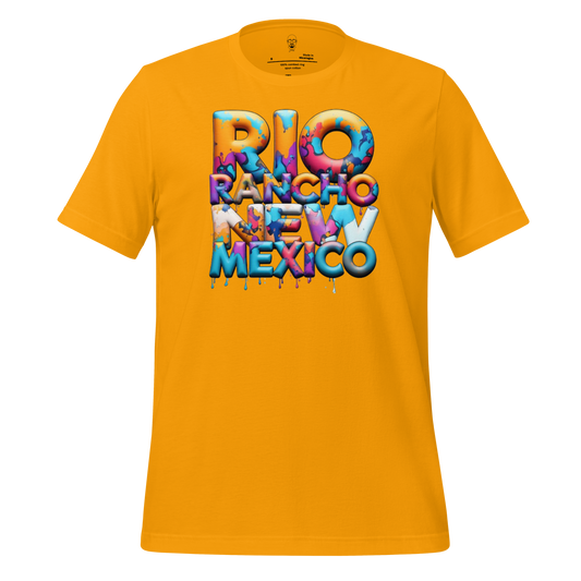 JMK Drip yellow Rio Rancho t-shirt with colorful dripping paint text design