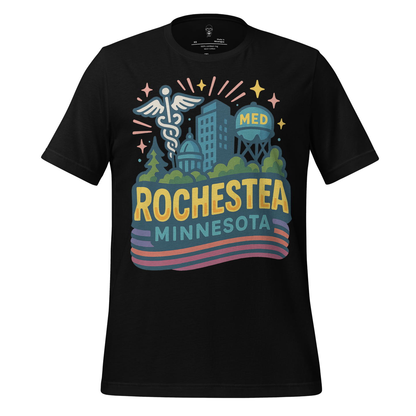 Black Rochester Minnesota Graphic T-Shirt featuring medical symbols and cityscape design by JMK Drip