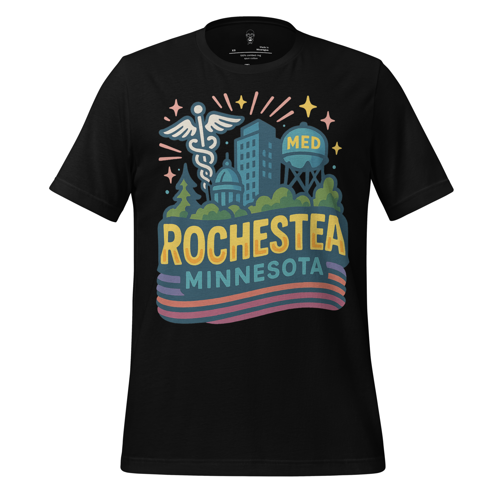 Black Rochester Minnesota Graphic T-Shirt featuring medical symbols and cityscape design by JMK Drip
