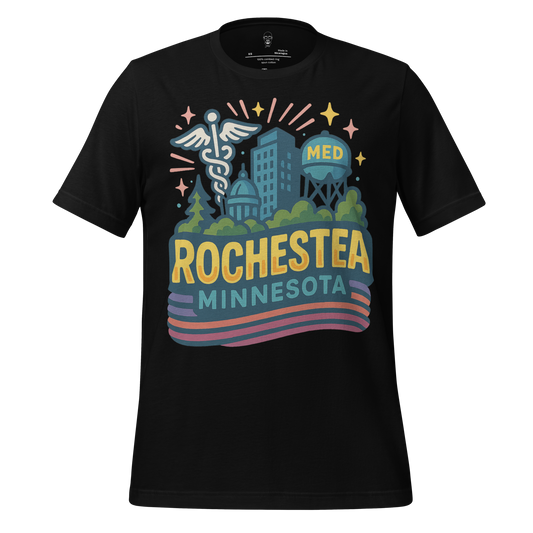 Black Rochester Minnesota Graphic T-Shirt featuring medical symbols and cityscape design by JMK Drip