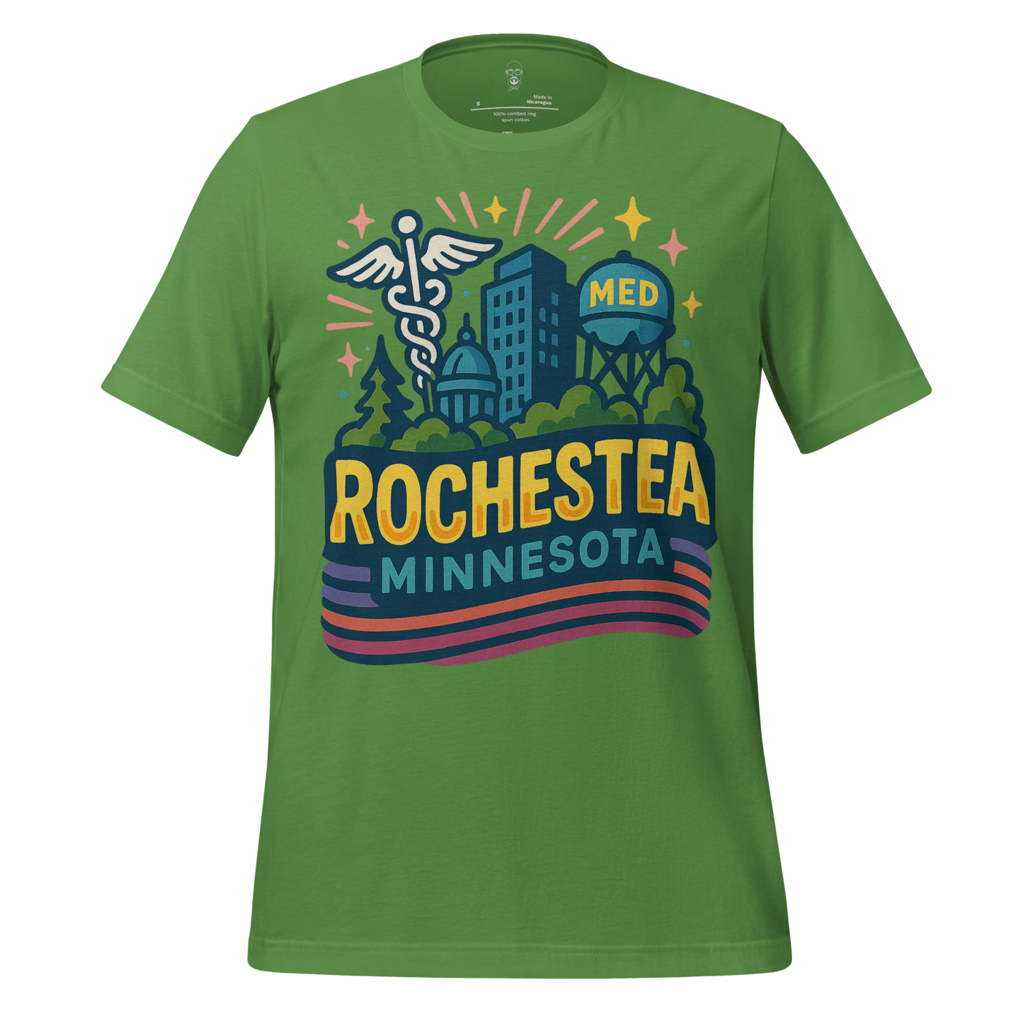 Green Rochester Minnesota Graphic T-Shirt featuring city landmarks and medical symbol design