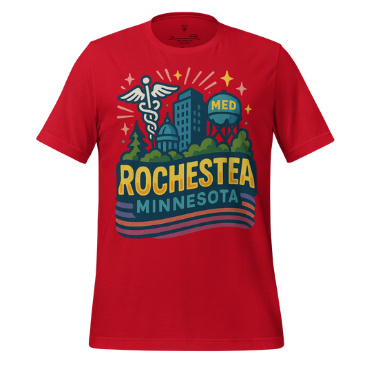 Red Rochester Minnesota Graphic T-Shirt with colorful cityscape and medical symbols design