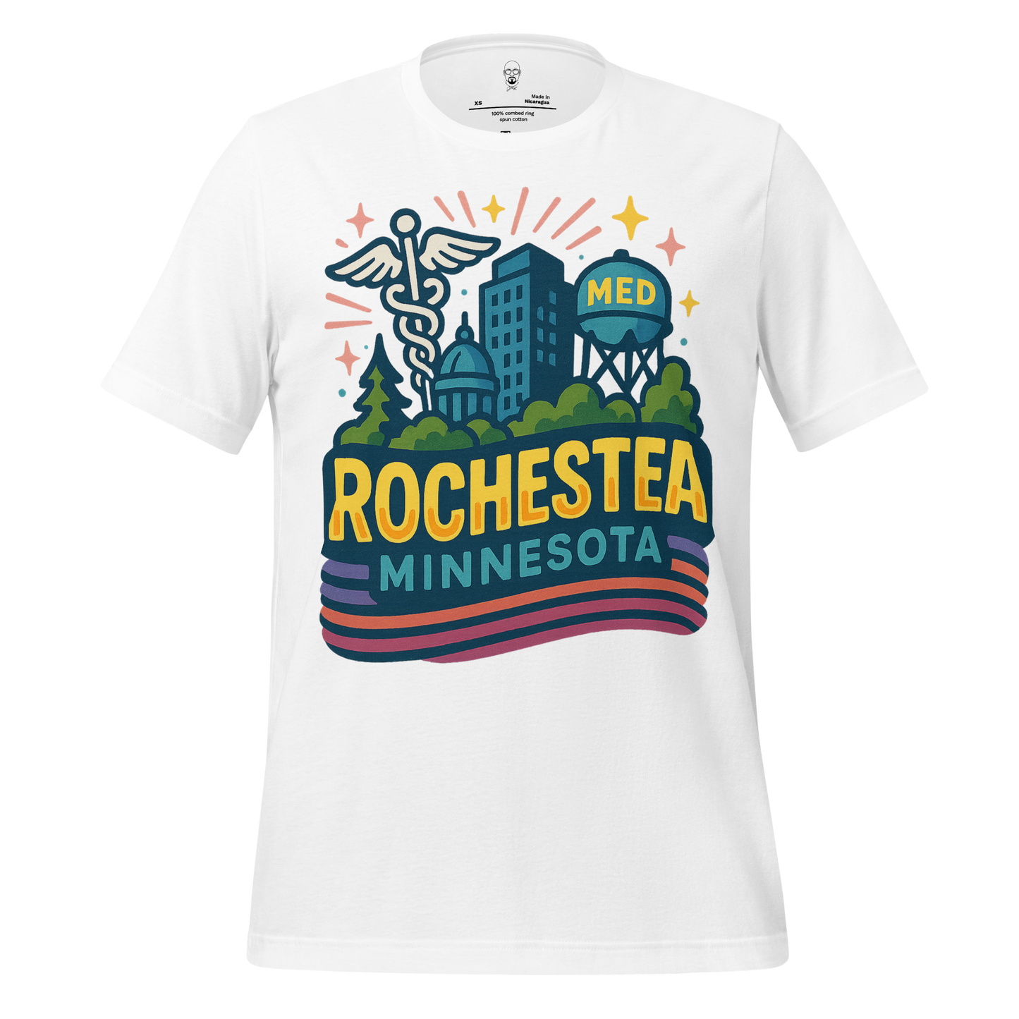 White Rochester Minnesota Graphic T-Shirt by JMK Drip with cityscape and medical symbols design