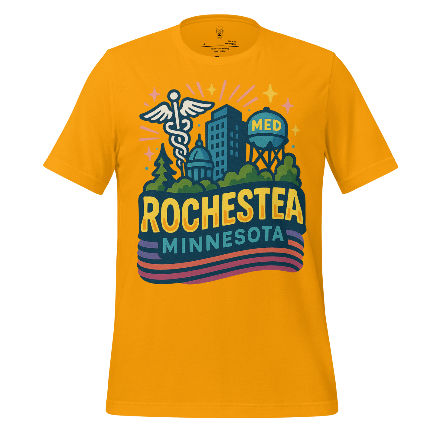 JMK Drip Rochester Minnesota Graphic T-Shirt with colorful cityscape and medical symbols on yellow fabric