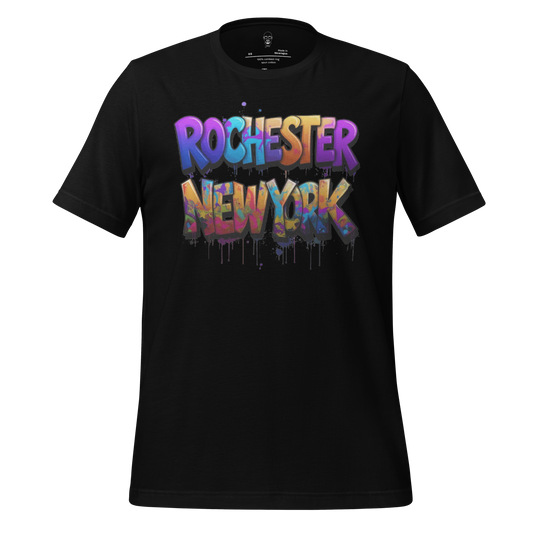 Black Rochester New York t-shirt with colorful graffiti-style text design by JMK Drip