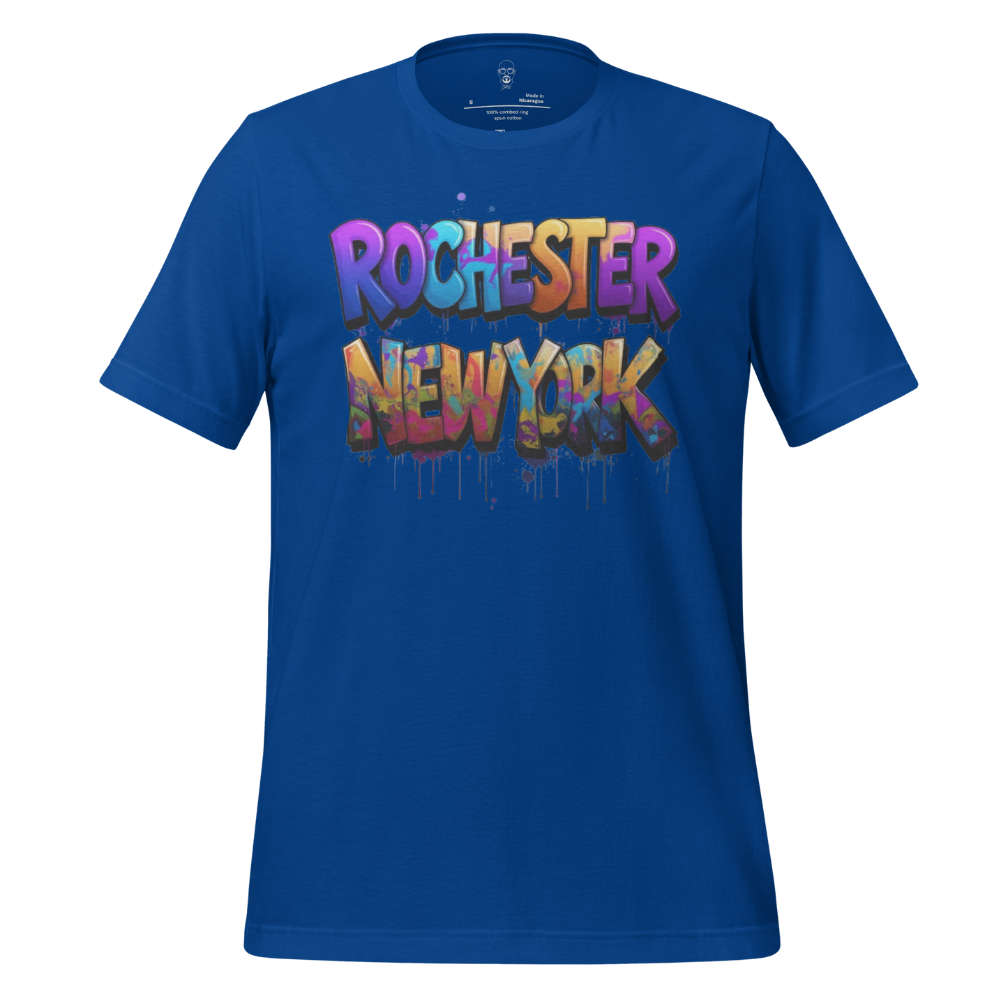 Blue JMK Drip Rochester New York t-shirt with colorful graffiti style text design