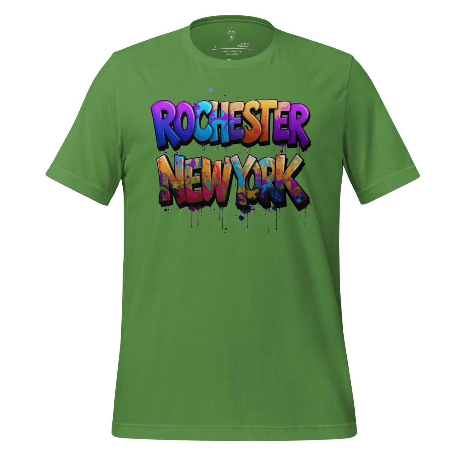Green t-shirt with colorful graffiti style Rochester New York t-shirt text design by JMK Drip