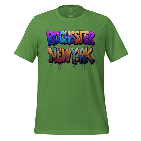 Green t-shirt with colorful graffiti style Rochester New York t-shirt text design by JMK Drip