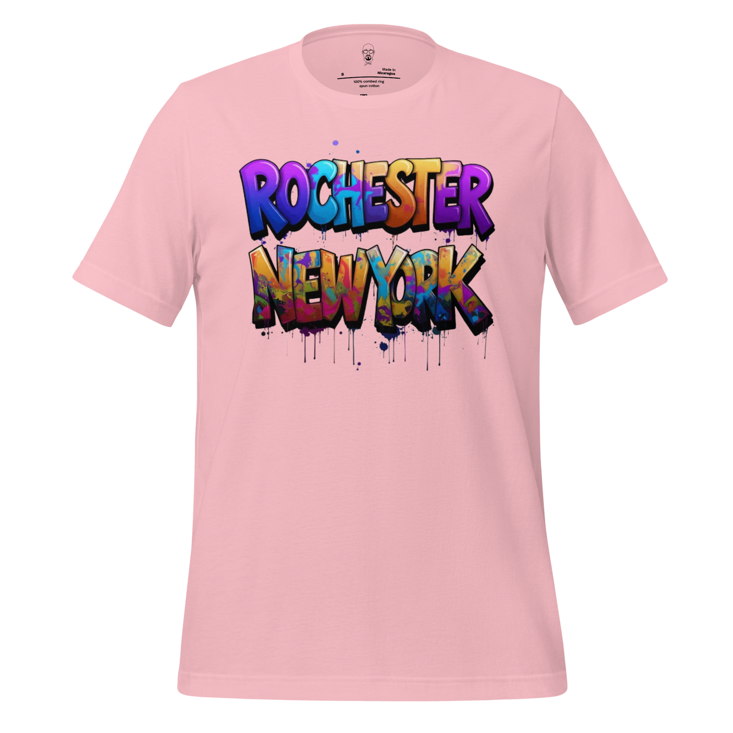 Pink JMK Drip Rochester New York t-shirt with colorful graffiti style lettering design