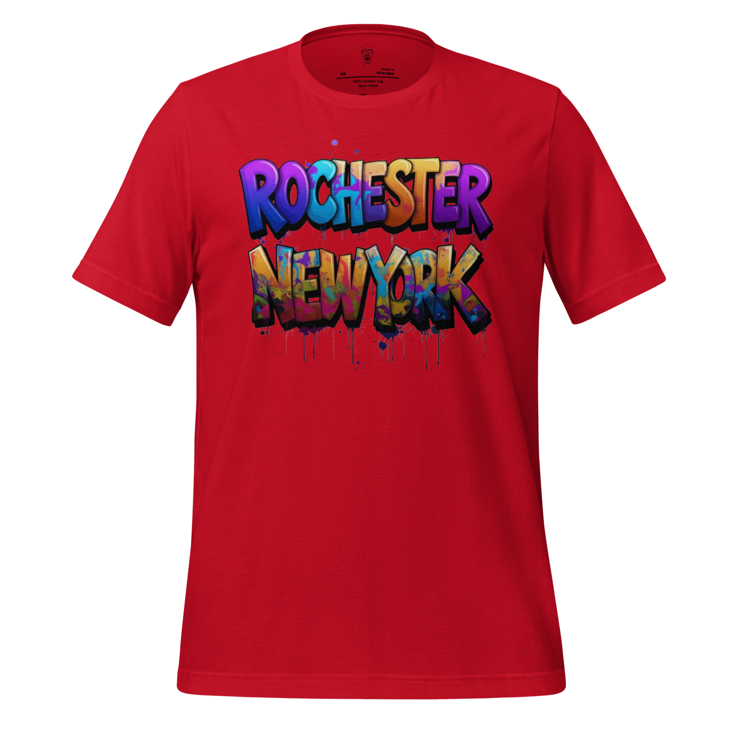 Red JMK Drip Rochester New York t-shirt with colorful graffiti style text design