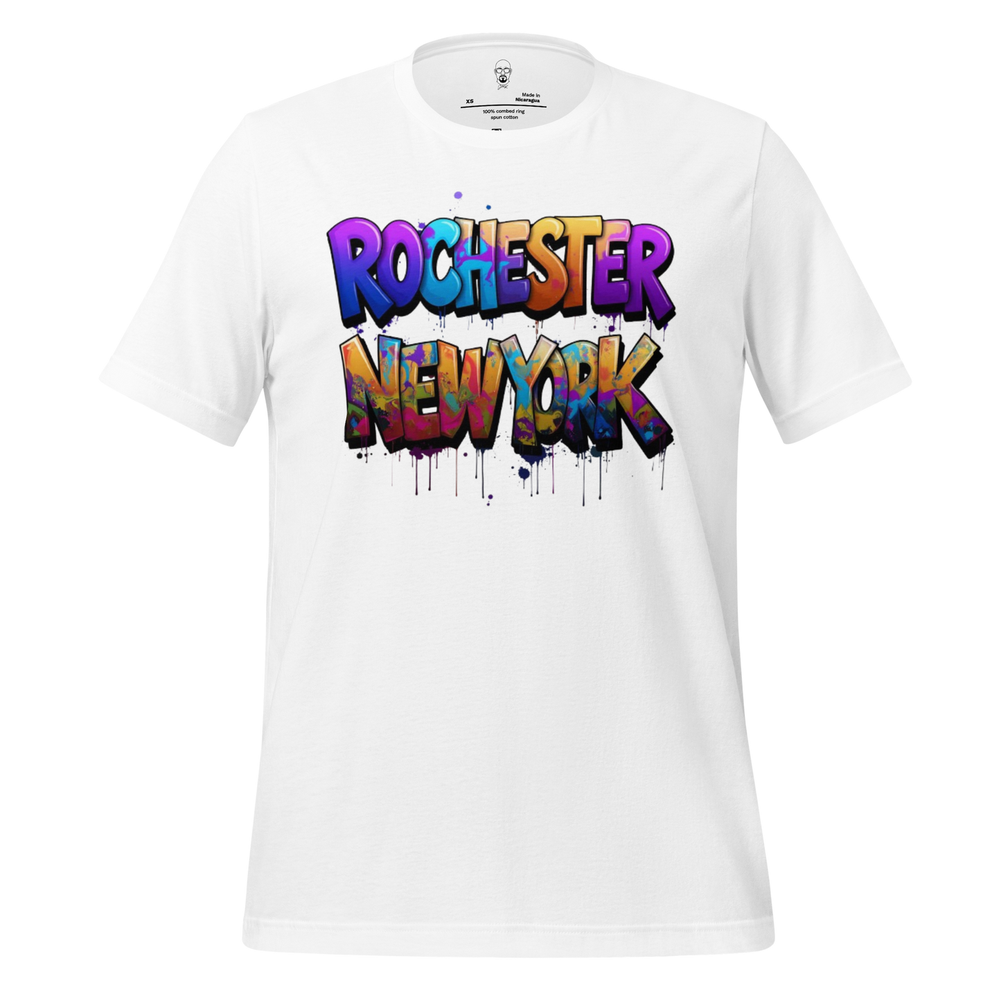 White Rochester New York t-shirt with colorful graffiti style text design by JMK Drip