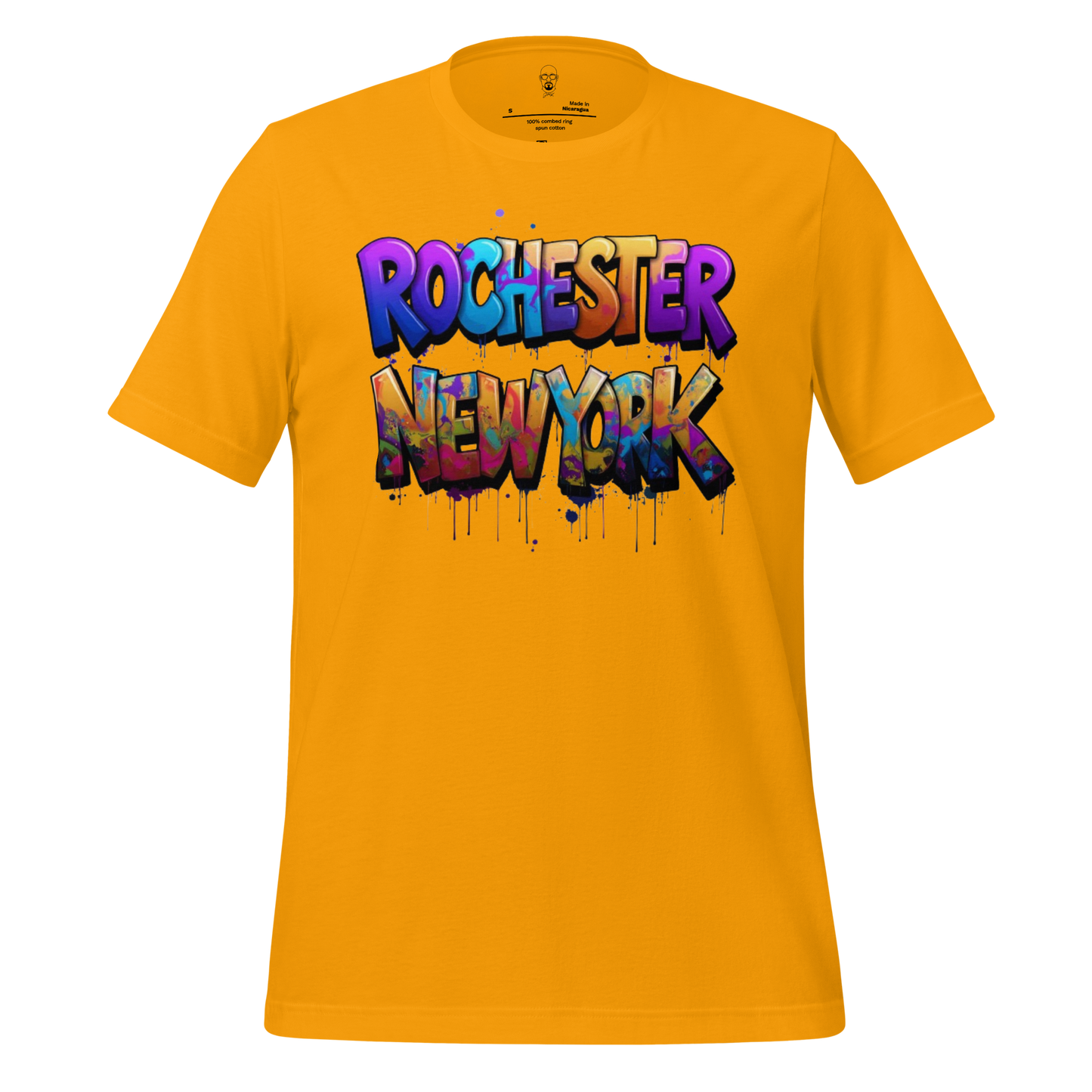 Bright yellow Rochester New York t-shirt with colorful graffiti style text graphic