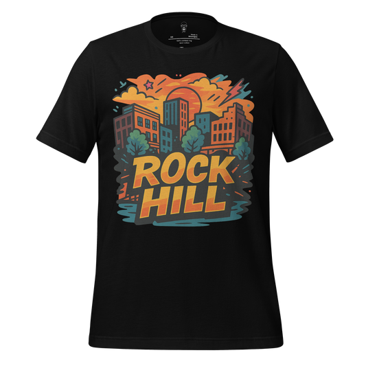 JMK Drip Rock Hill graphic t-shirt featuring colorful cityscape design on black cotton shirt