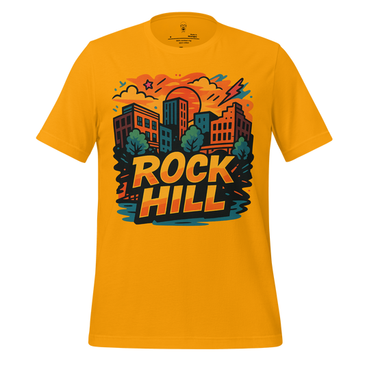 JMK Drip yellow Rock Hill graphic t-shirt featuring colorful cityscape design with bold text