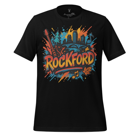 Black Rockford Graphic T-Shirt with colorful city skyline and guitar design by JMK Drip