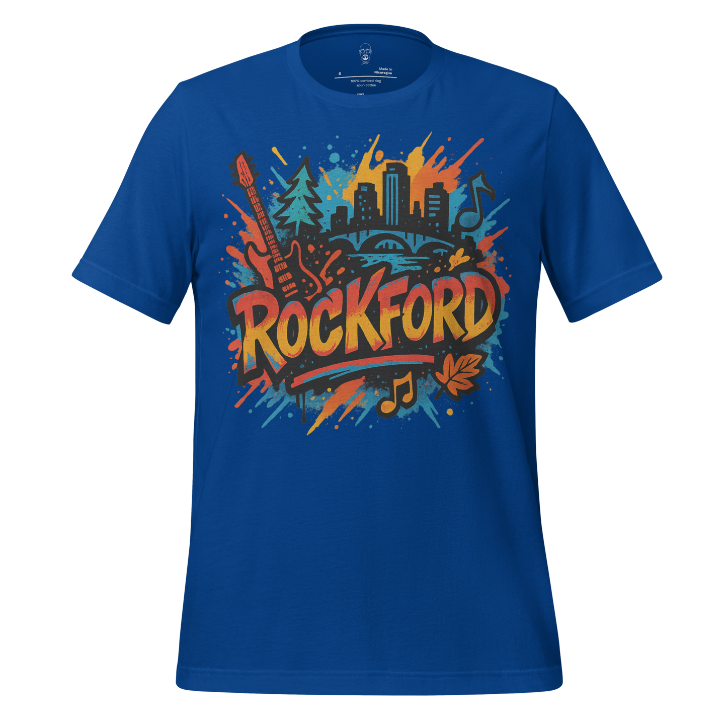 JMK Drip Rockford Graphic T-Shirt in blue with colorful city skyline and music design